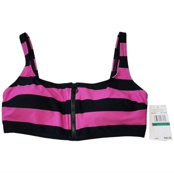 Michael Kors NWT $90 Women's Zip Front Pink and Black Striped Bikini Top Large - Picture 4 of 10